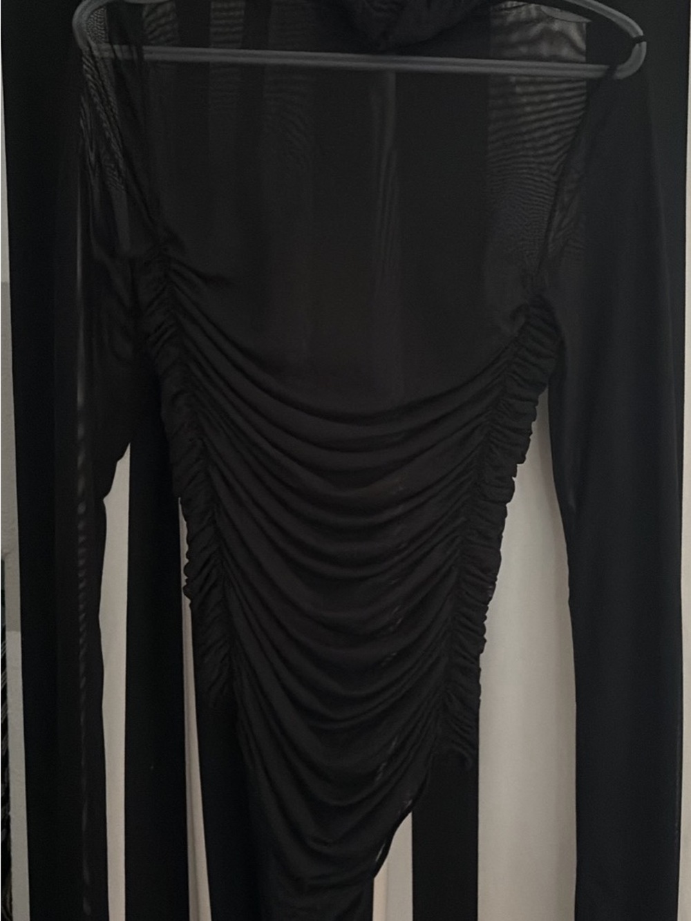 Black Sheer Ruched Long Sleeve Bodysuit